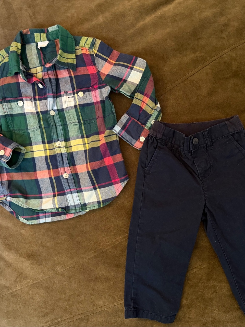 GAP Colorful Plaid Toddler Shirt & navy pants BUNDLE
